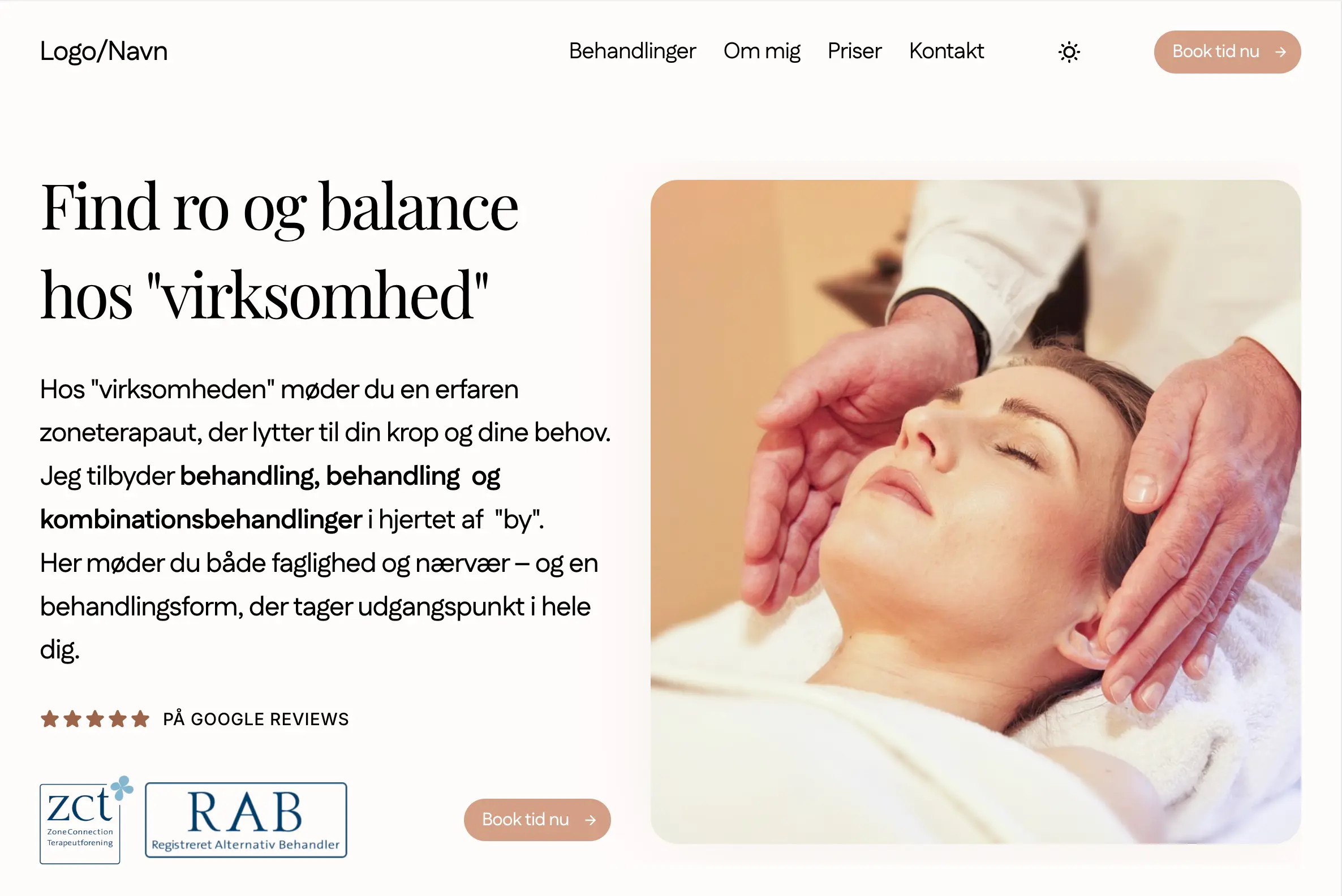Samme zoneterapeut-hjemmeside efter redesign: roligt layout, tydelig overskrift, læsbar tekst og en synlig book-knap.